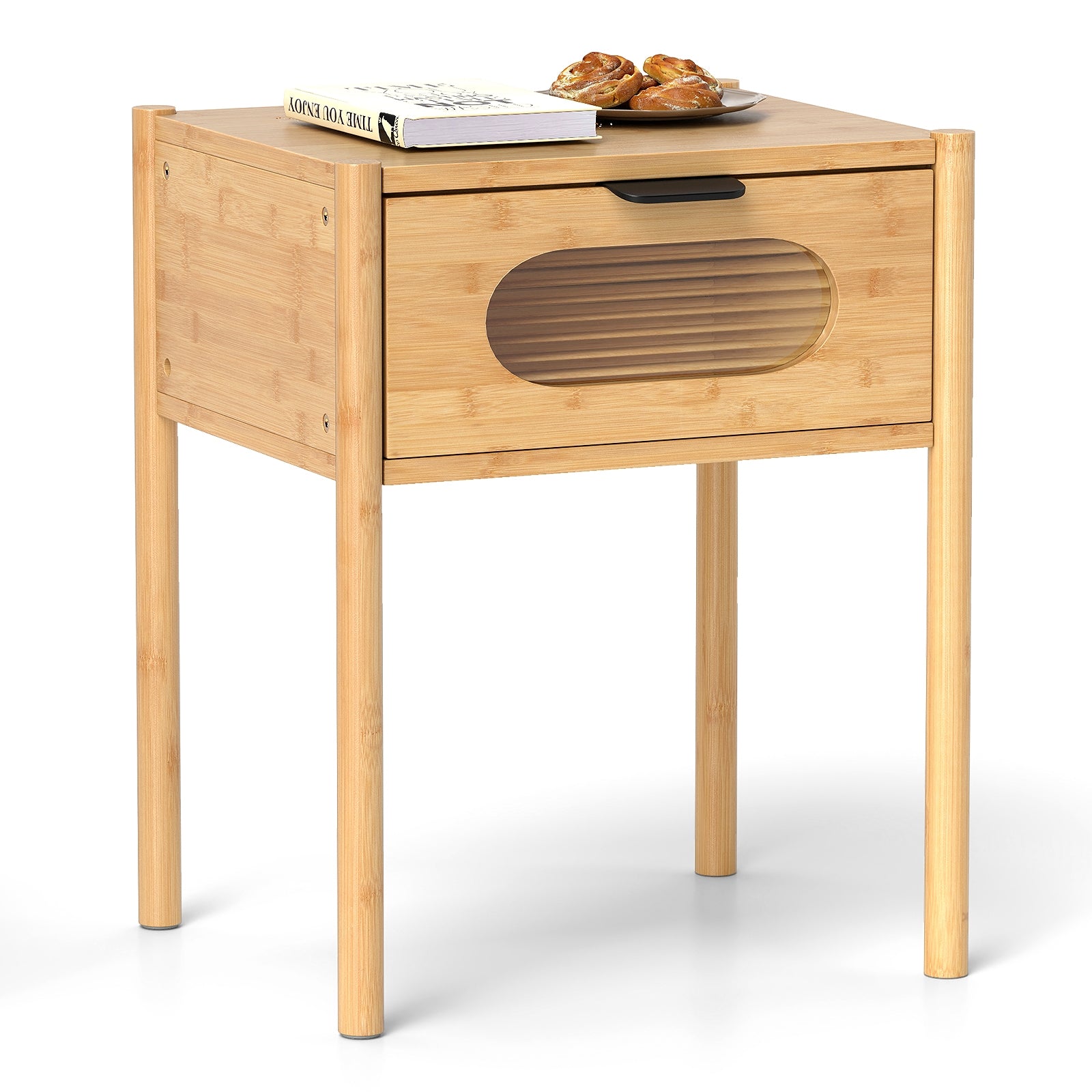 Bamboo Nightstand, Square Tall End Table, Decorated Drawer, Natural Nightstands at Gallery Canada
