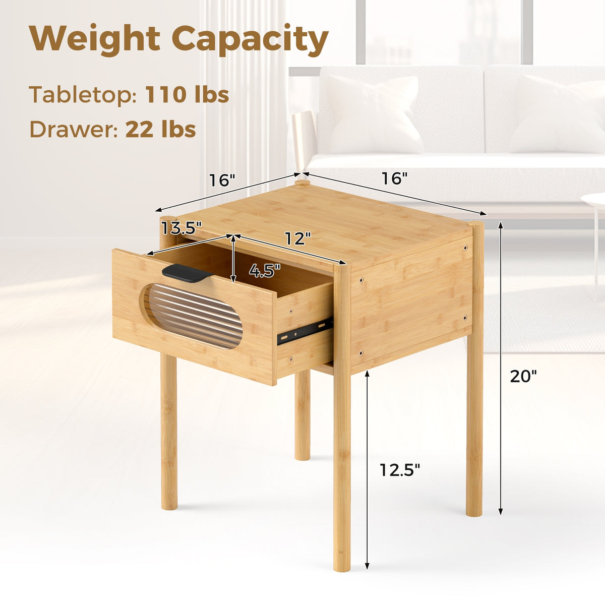 Bamboo Nightstand, Square Tall End Table, Decorated Drawer, Natural Nightstands at Gallery Canada