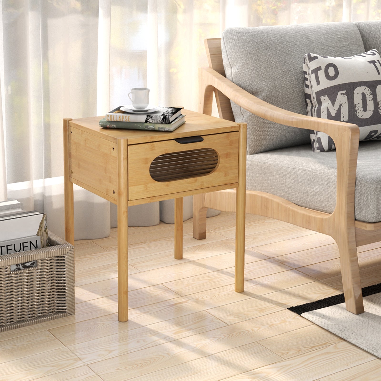 Bamboo Nightstand, Square Tall End Table, Decorated Drawer, Natural Nightstands at Gallery Canada