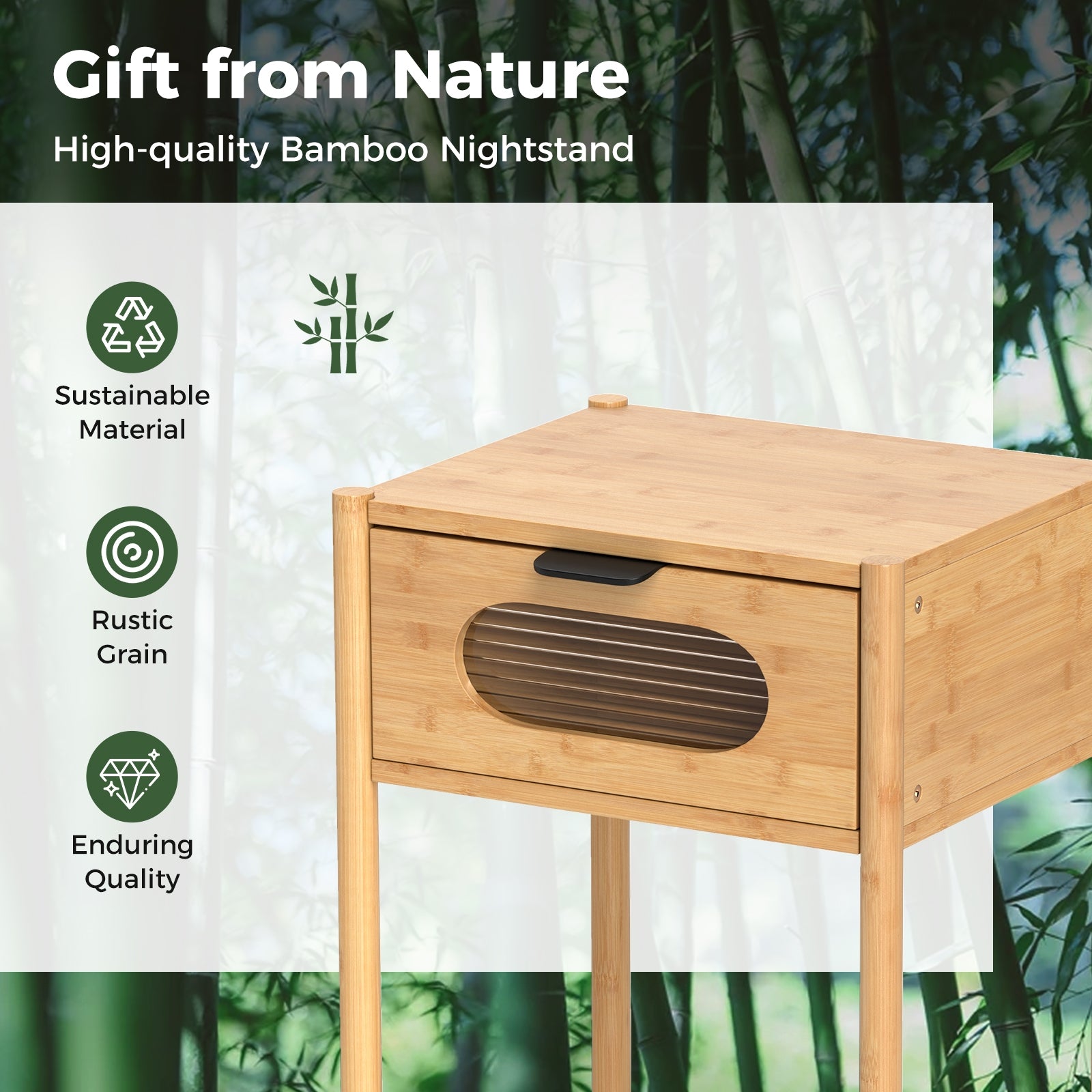 Bamboo Nightstand, Square Tall End Table, Decorated Drawer, Natural Nightstands at Gallery Canada