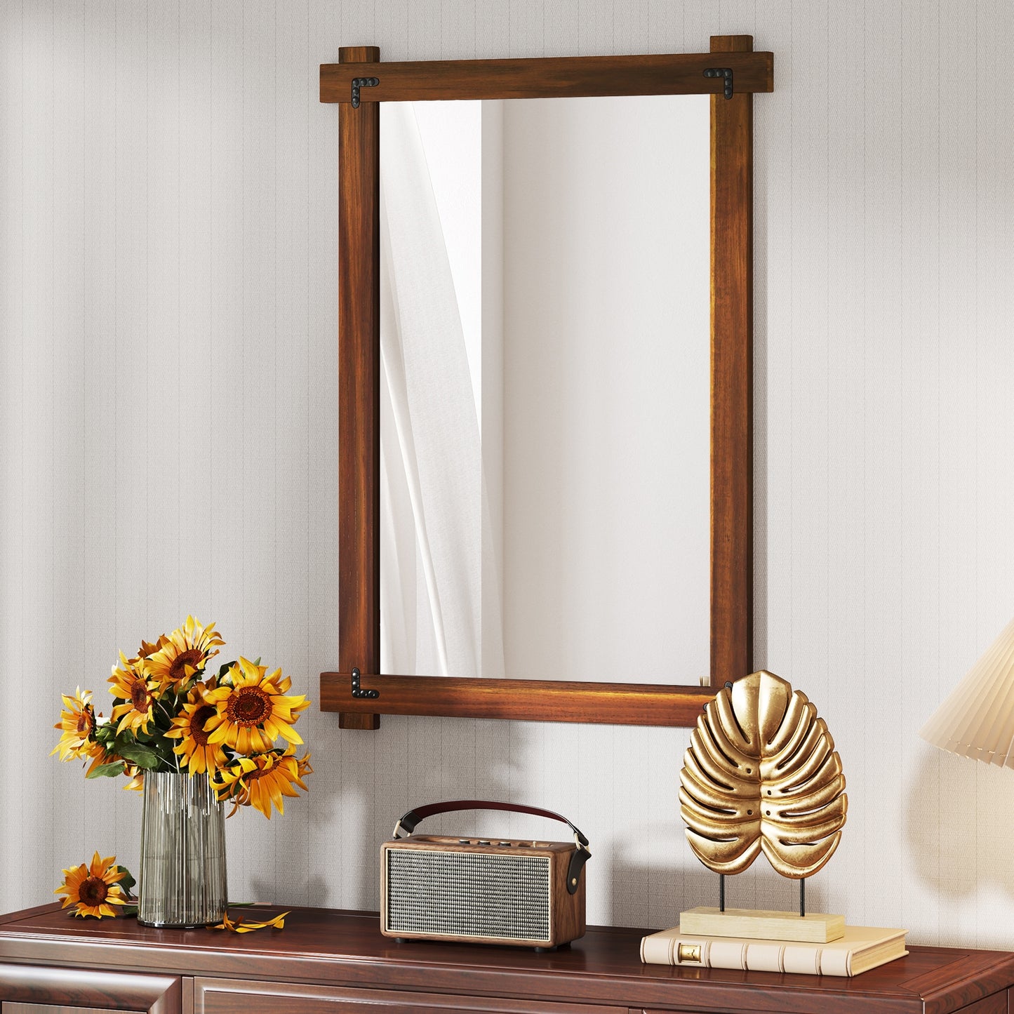 Wood Framed Mirror, Acacia Wood Frame, Vintage Rivet Design, Brown-L, Brown Wall Mirrors at Gallery Canada