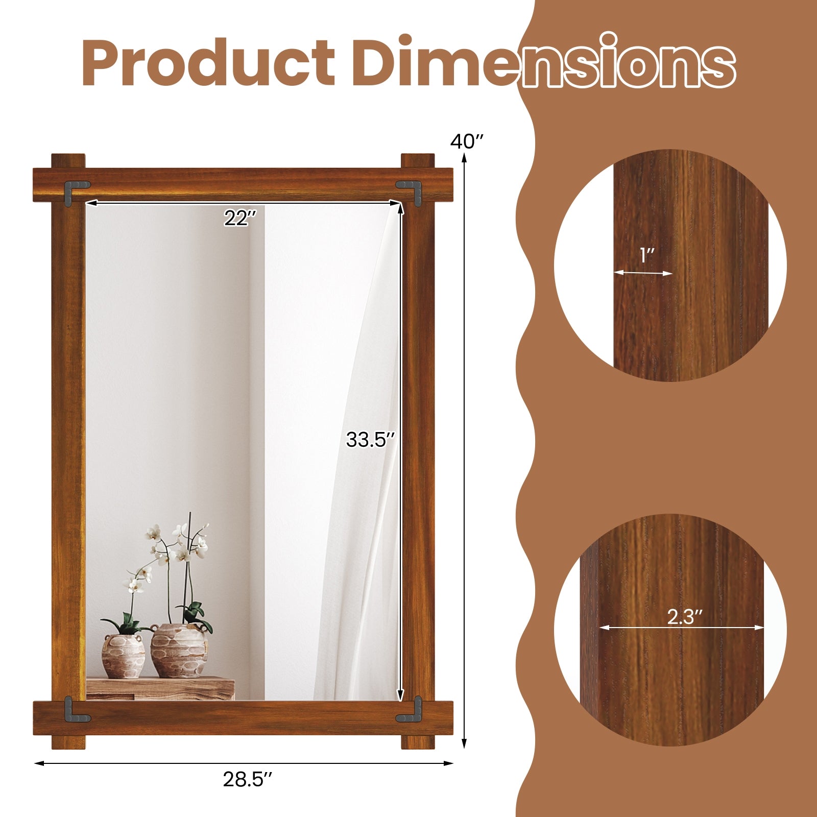 Wood Framed Mirror, Acacia Wood Frame, Vintage Rivet Design, Brown-L, Brown Wall Mirrors at Gallery Canada