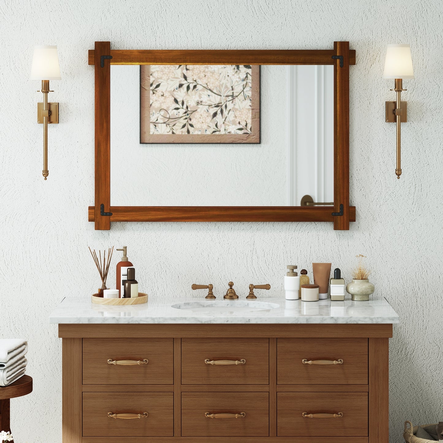 Wood Framed Mirror, Acacia Wood Frame, Vintage Rivet Design, Brown-L, Brown Wall Mirrors at Gallery Canada