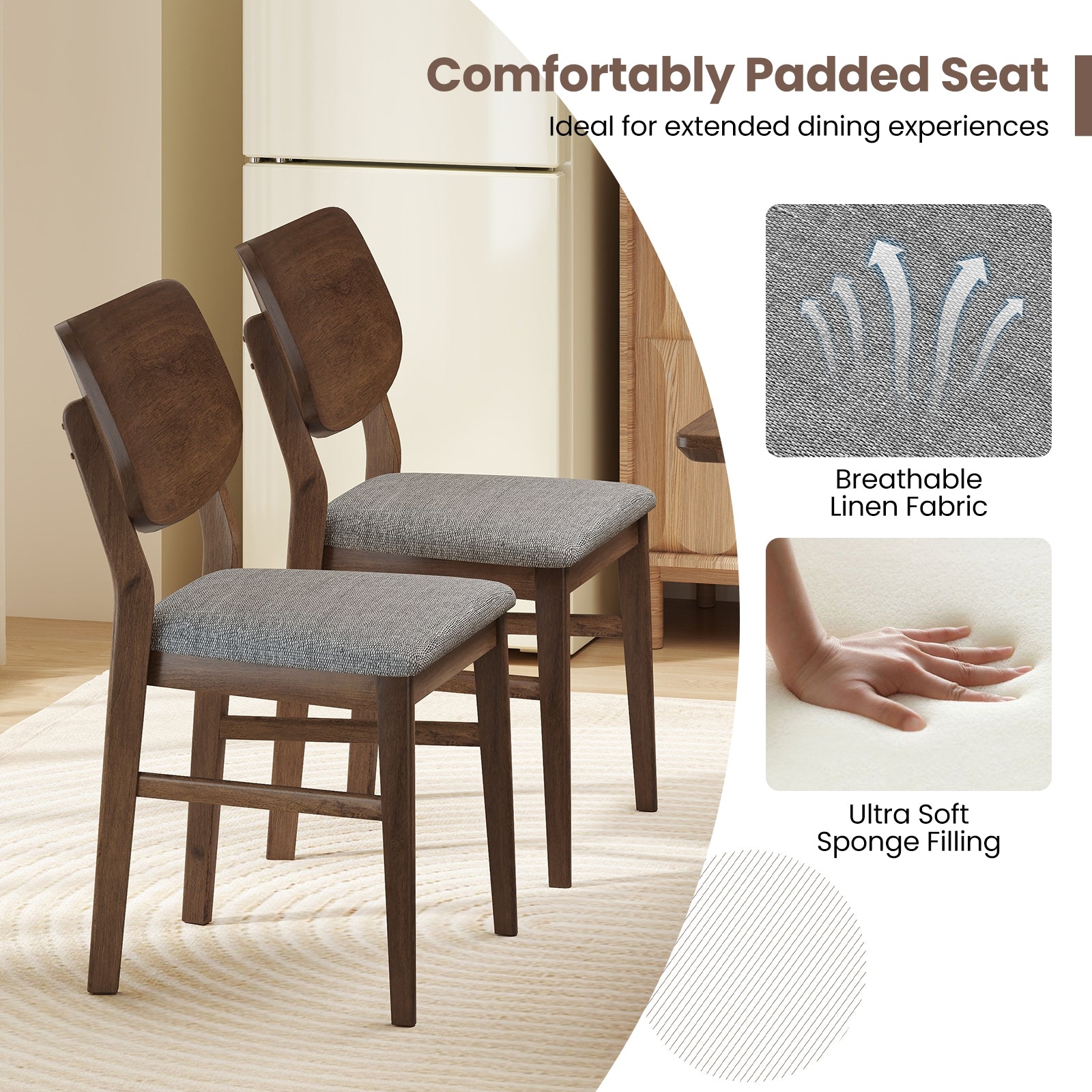 Farmhouse Upholstered Kitchen Chairs Set of 2, Rubber Wood Frame, Gray Dining Chairs at Gallery Canada