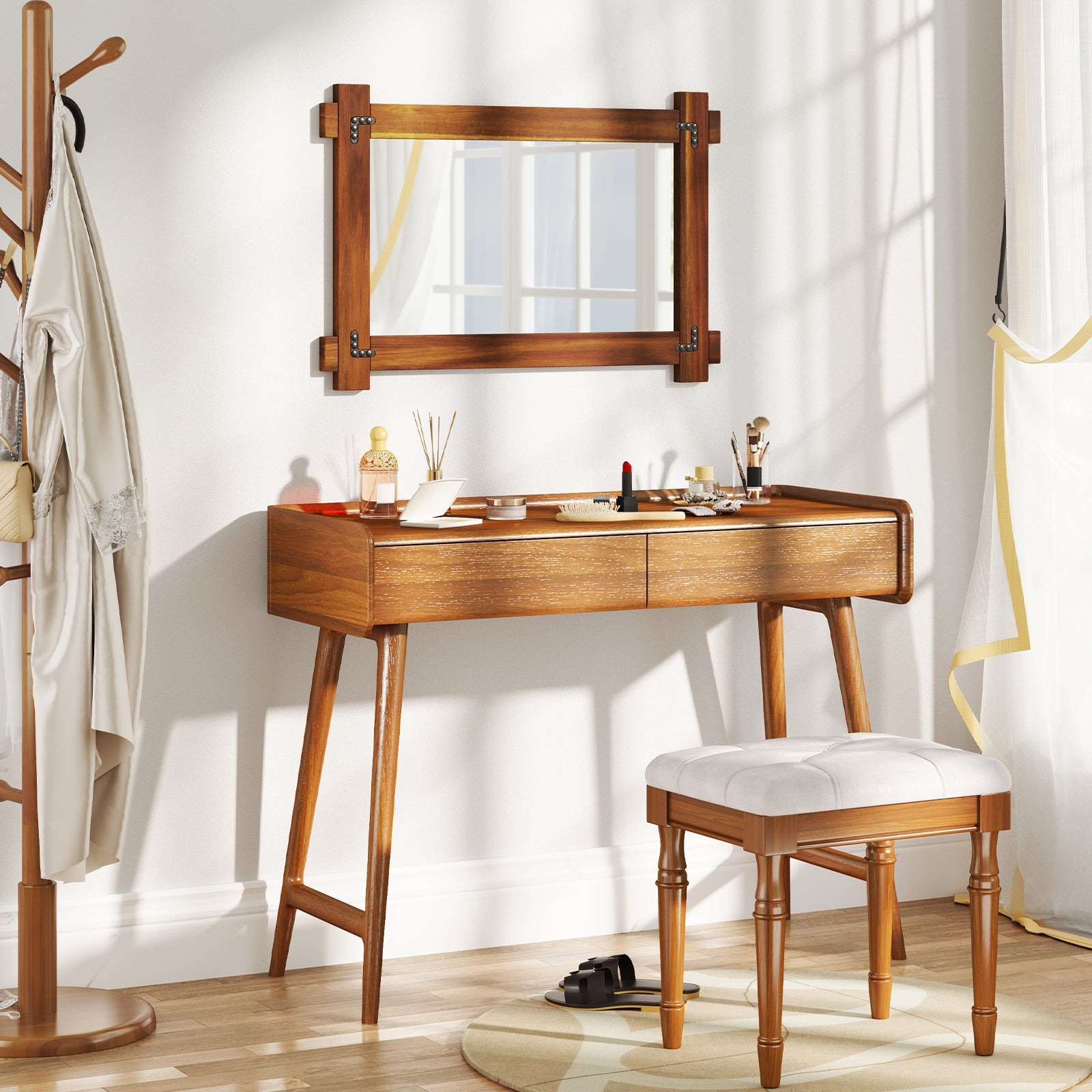 Wood Framed Mirror, Acacia Frame, Vintage Rivet Design, Brown-S, Brown Wall Mirrors at Gallery Canada