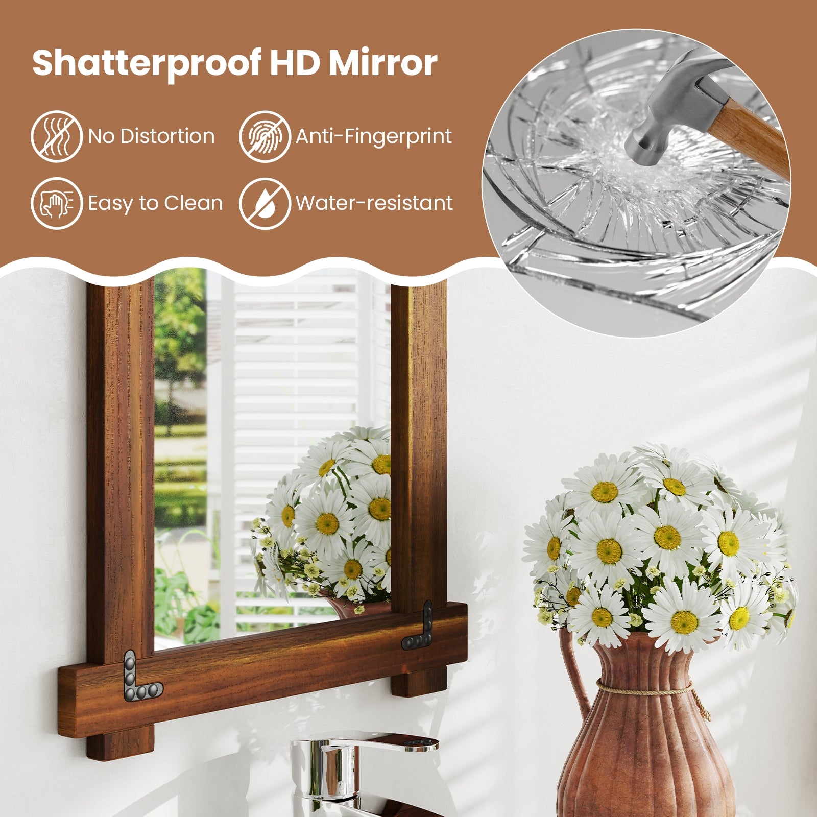 Wood Framed Mirror, Acacia Frame, Vintage Rivet Design, Brown-S, Brown Wall Mirrors at Gallery Canada