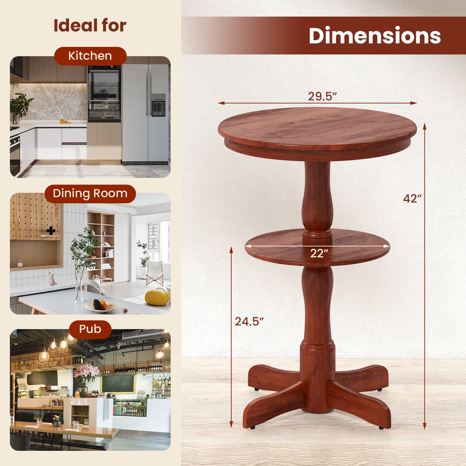 2-Tier Round High Top Bar Table, Storage Shelf, Pedestal Base, Espresso Patio Bar Furniture at Gallery Canada