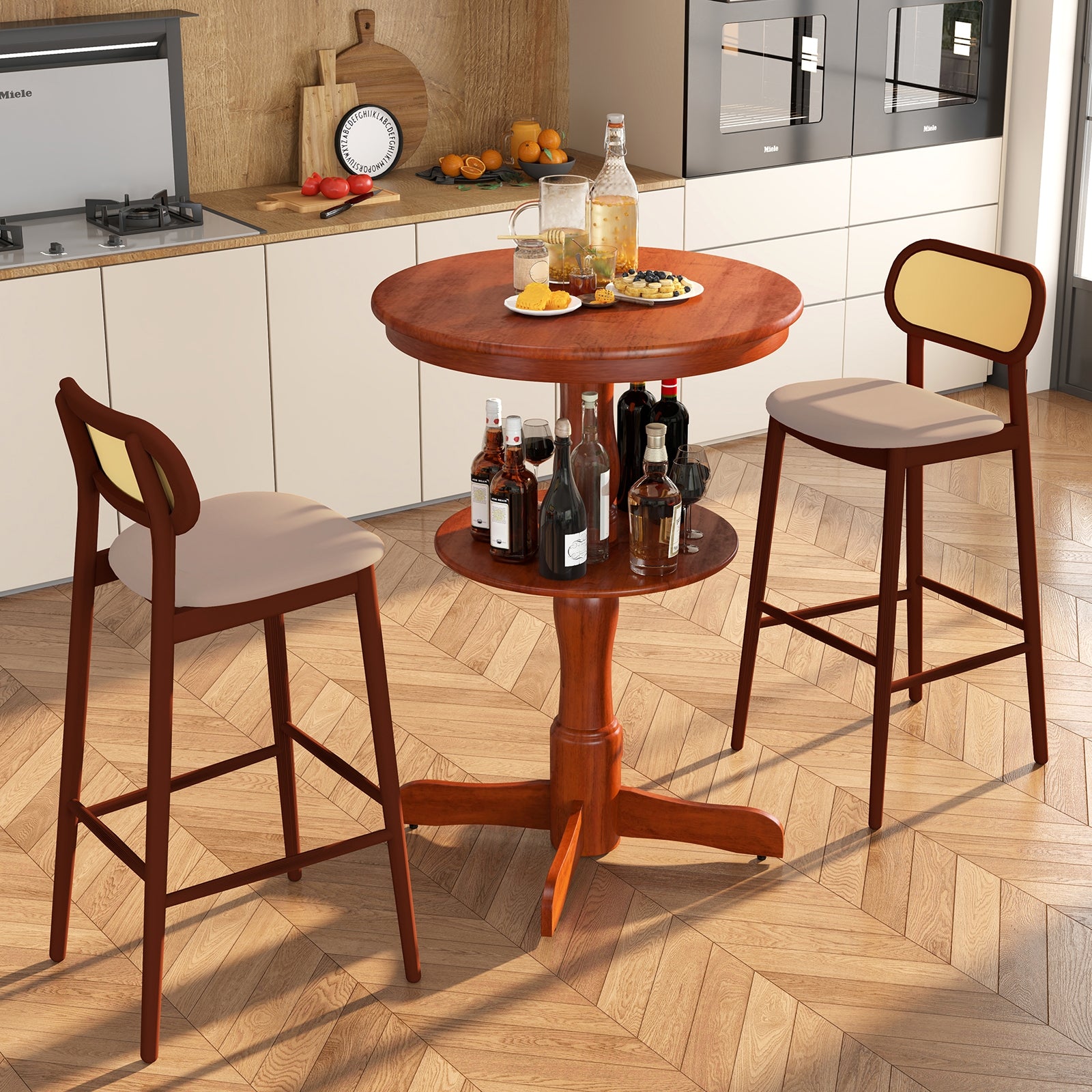 2-Tier Round High Top Bar Table, Storage Shelf, Pedestal Base, Espresso Patio Bar Furniture at Gallery Canada