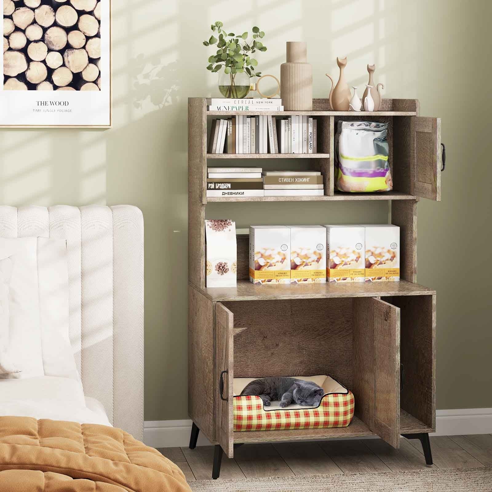 Large Cat Litter Box Enclosure, Display Storage Shelves, Oak Cat Houses at Gallery Canada
