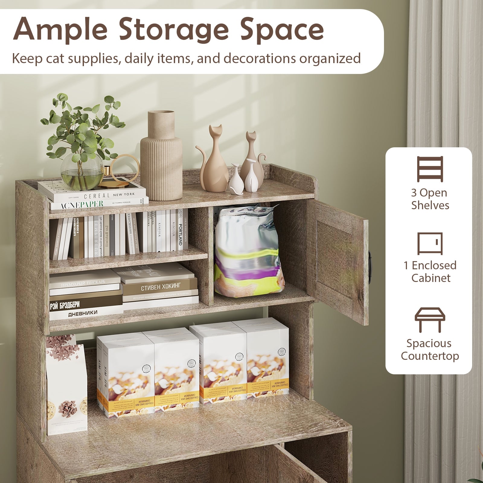 Large Cat Litter Box Enclosure, Display Storage Shelves, Oak Cat Houses at Gallery Canada