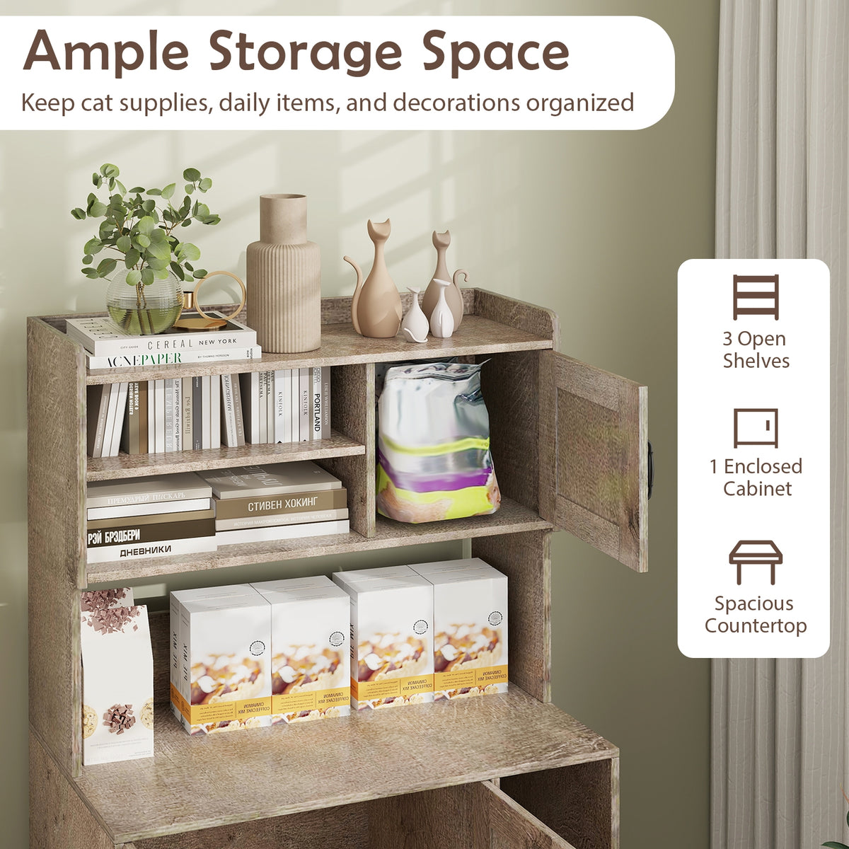 Large Cat Litter Box Enclosure, Display Storage Shelves, Oak Cat Houses at Gallery Canada