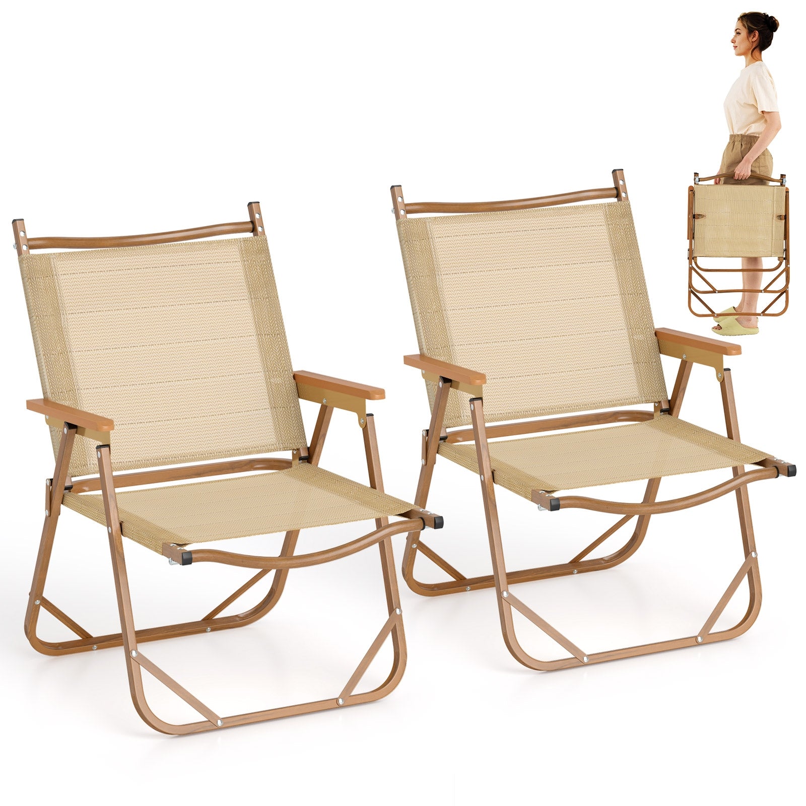 Folding Camp Chairs, Set of 2, Lightweight Beach Chairs, Beige Beach & Lawn Chairs Beige at Gallery Canada