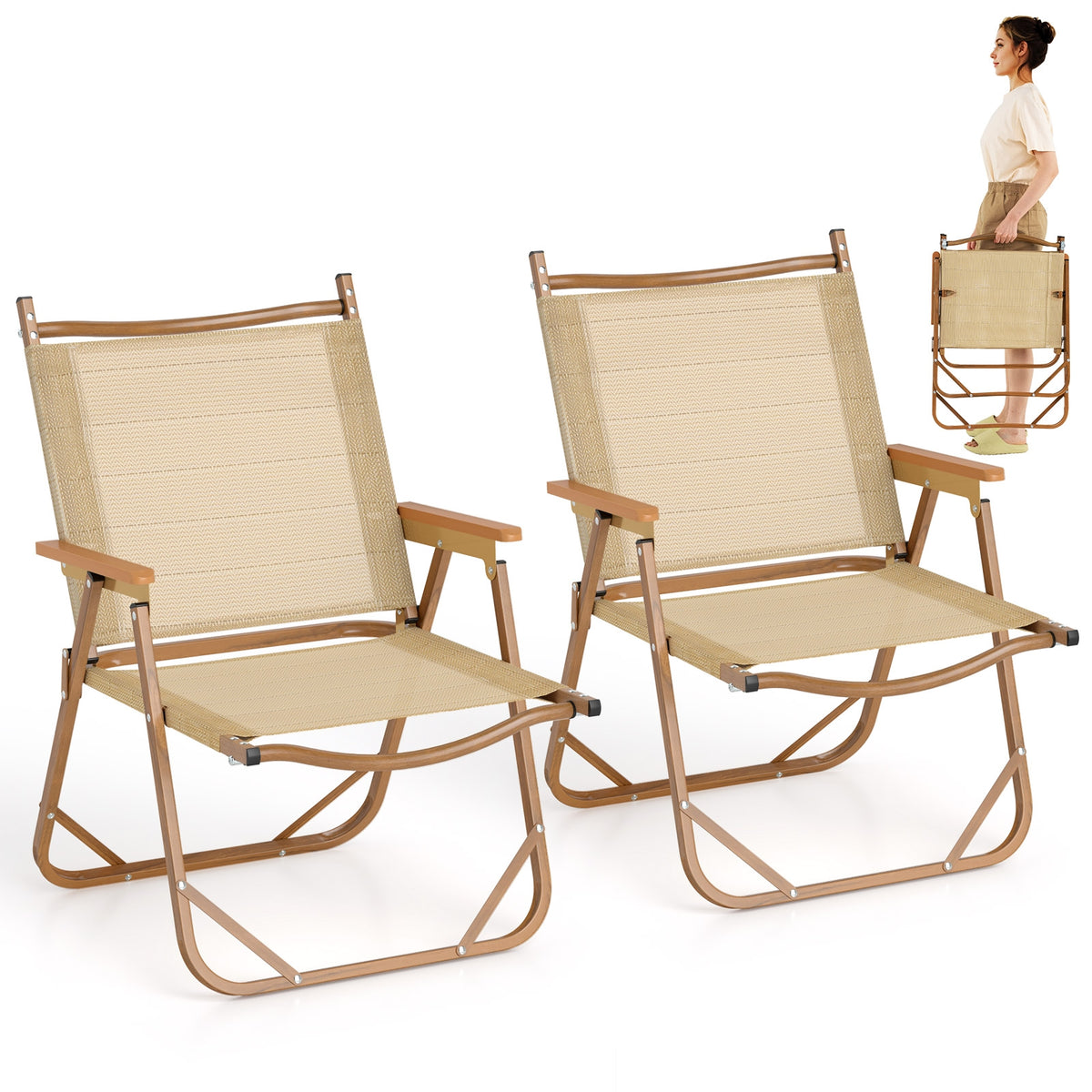 Folding Camp Chairs, Set of 2, Lightweight Beach Chairs, Beige Beach & Lawn Chairs Beige at Gallery Canada