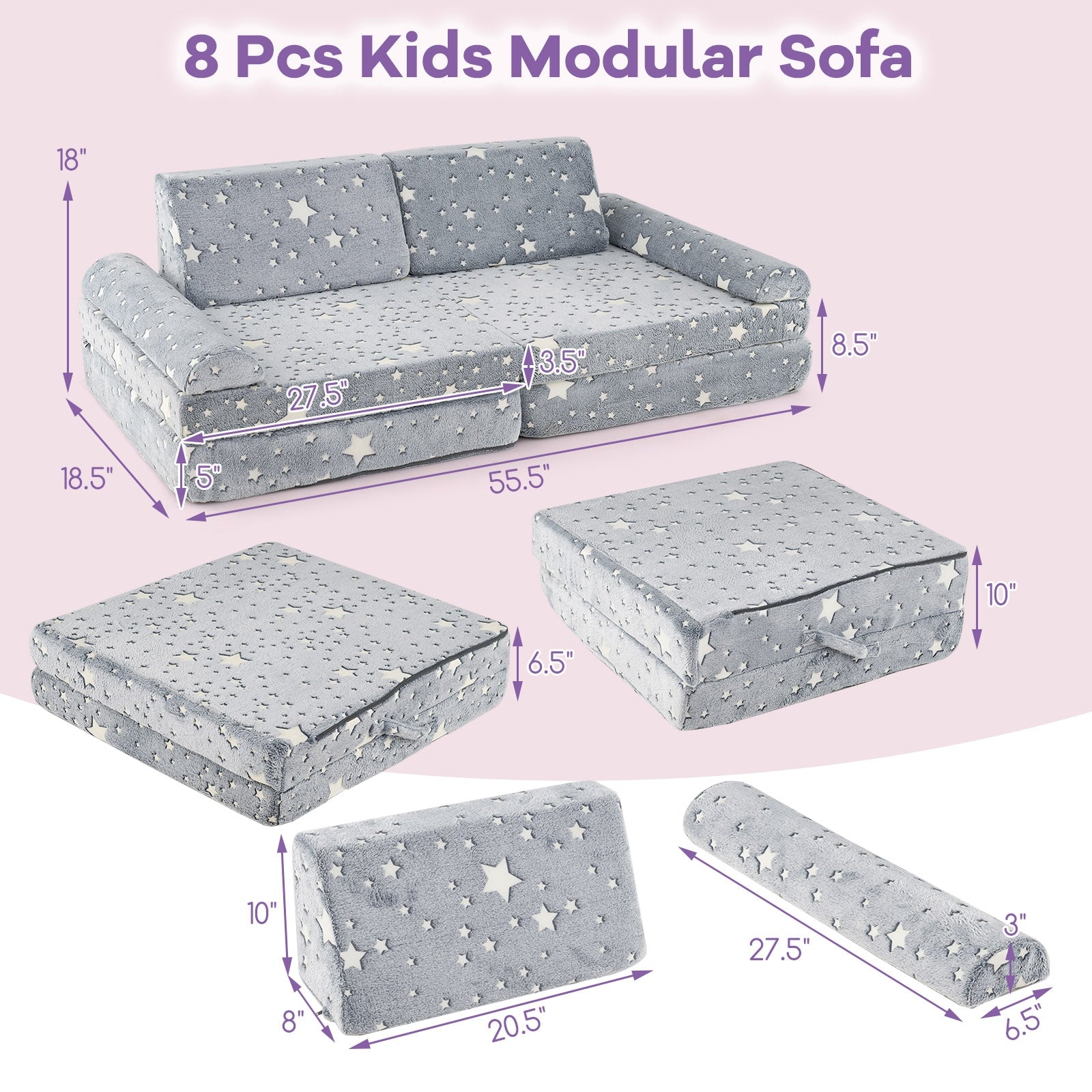 Modular Kids Play Couch, Glow In Dark, Toddler Sectional Sofa, Gray Kids Chairs & Seating at Gallery Canada