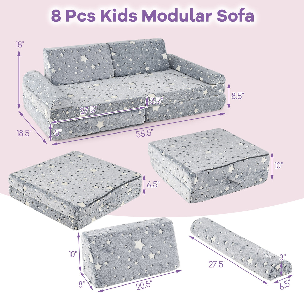 Modular Kids Play Couch, Glow In Dark, Toddler Sectional Sofa, Gray Kids Chairs & Seating at Gallery Canada