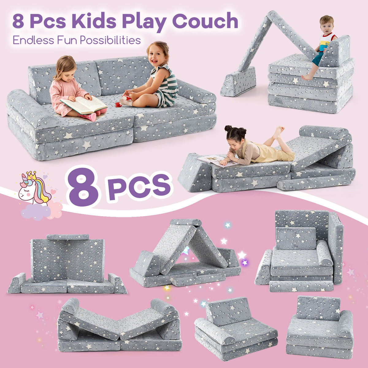 Modular Kids Play Couch, Glow In Dark, Toddler Sectional Sofa, Gray Kids Chairs & Seating at Gallery Canada