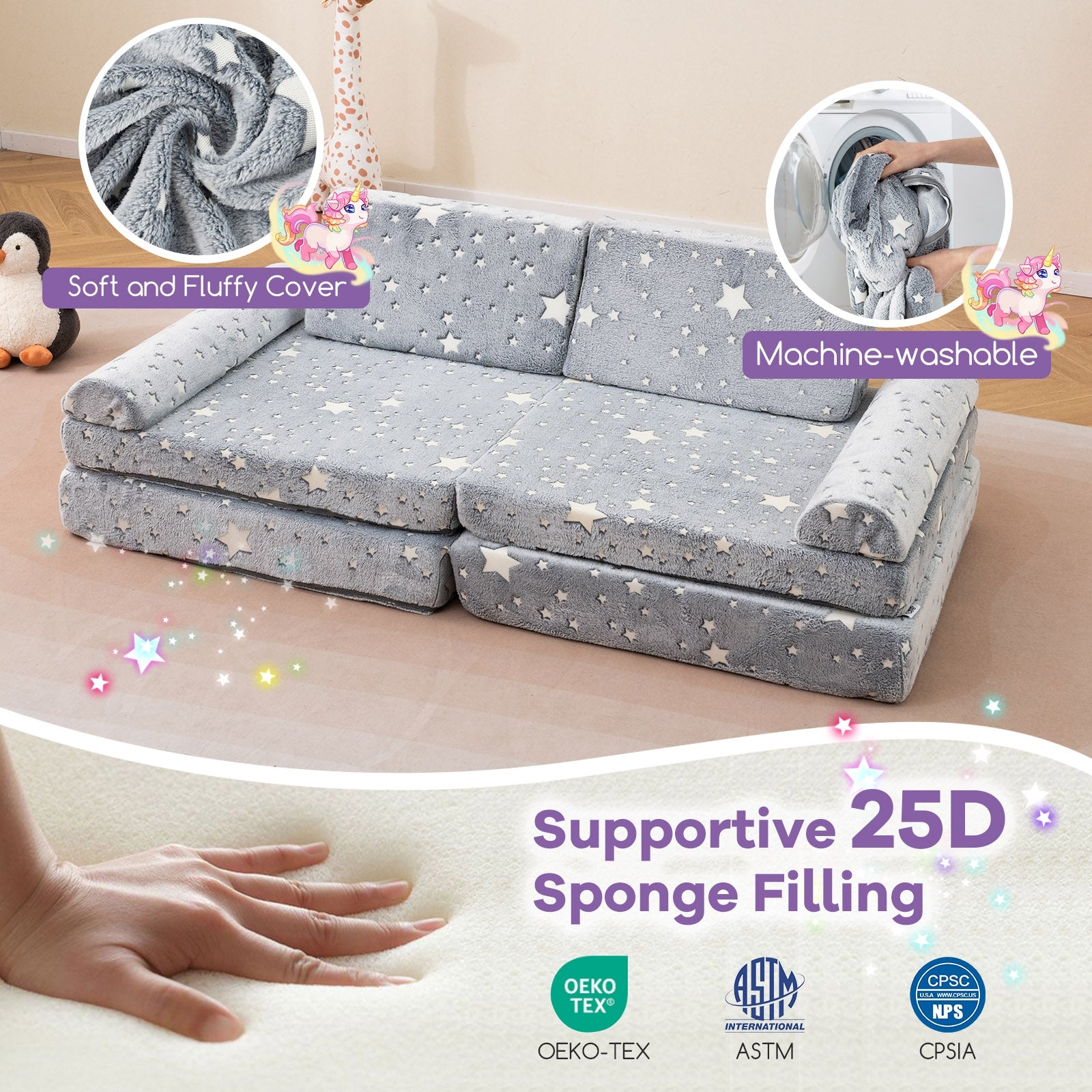 Modular Kids Play Couch, Glow In Dark, Toddler Sectional Sofa, Gray Kids Chairs & Seating at Gallery Canada