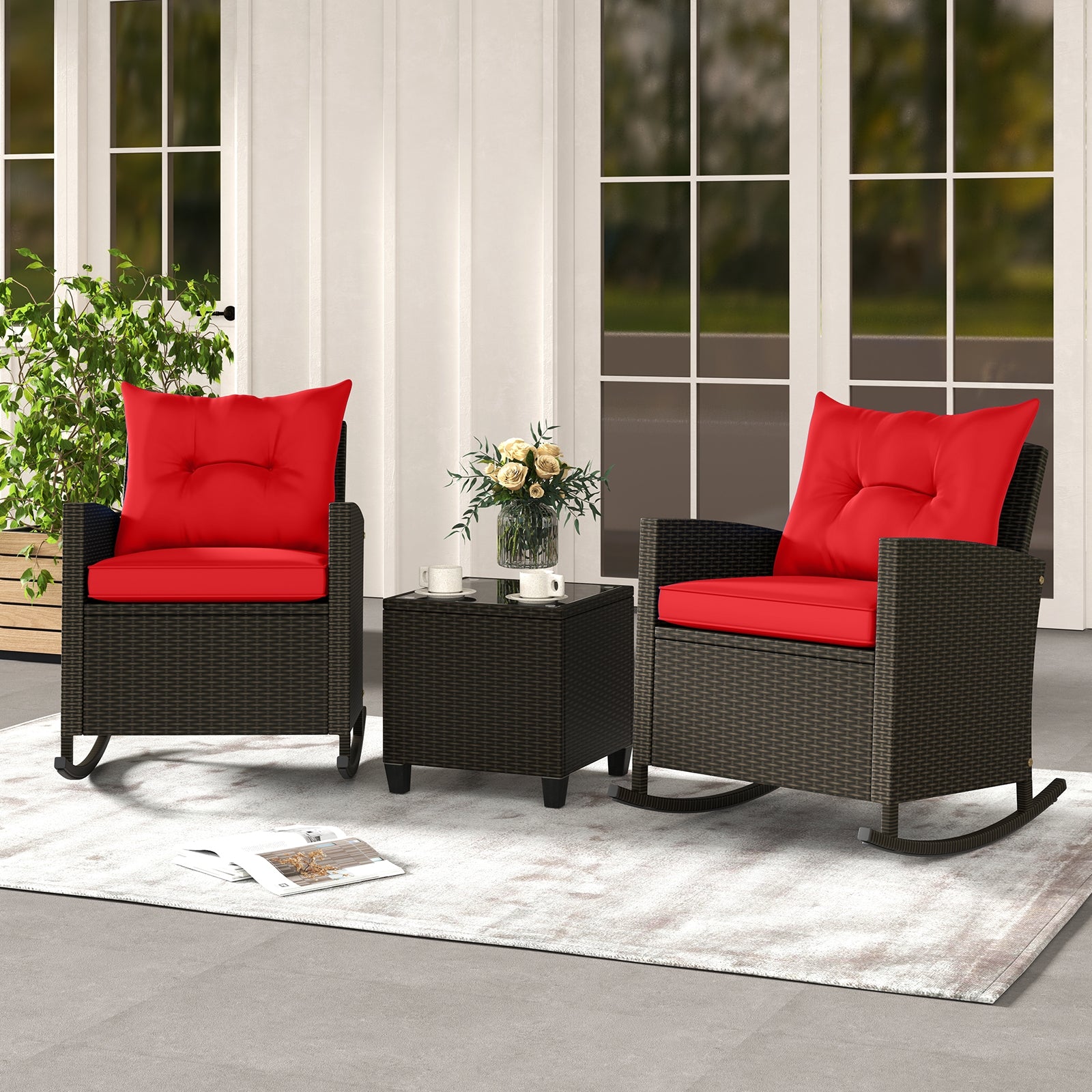 3-Piece Rattan Rocker Chairs With Glass Table, Red Patio Conversation Sets at Gallery Canada