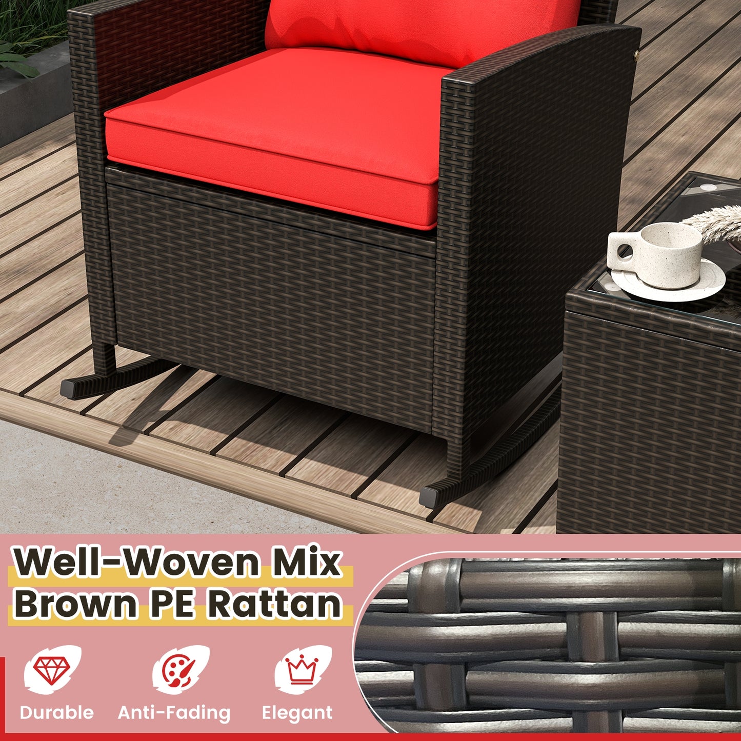 3-Piece Rattan Rocker Chairs With Glass Table, Red Patio Conversation Sets at Gallery Canada