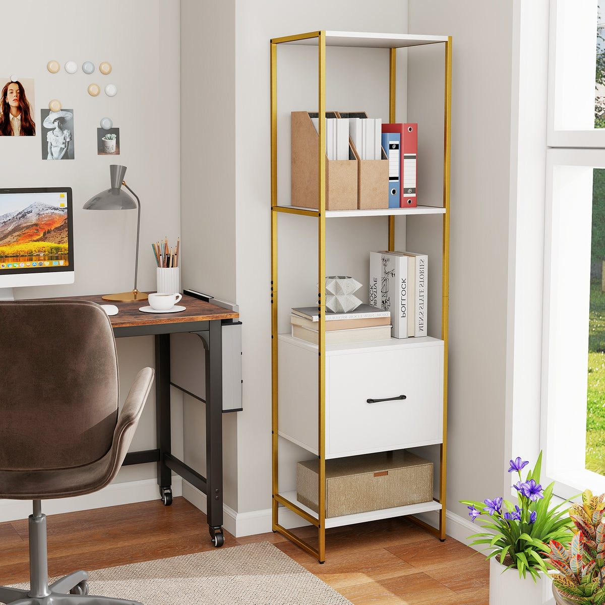 5-Tier Narrow Bookcase, 4 Open Shelves, Storage Drawer, White Bookcases at Gallery Canada