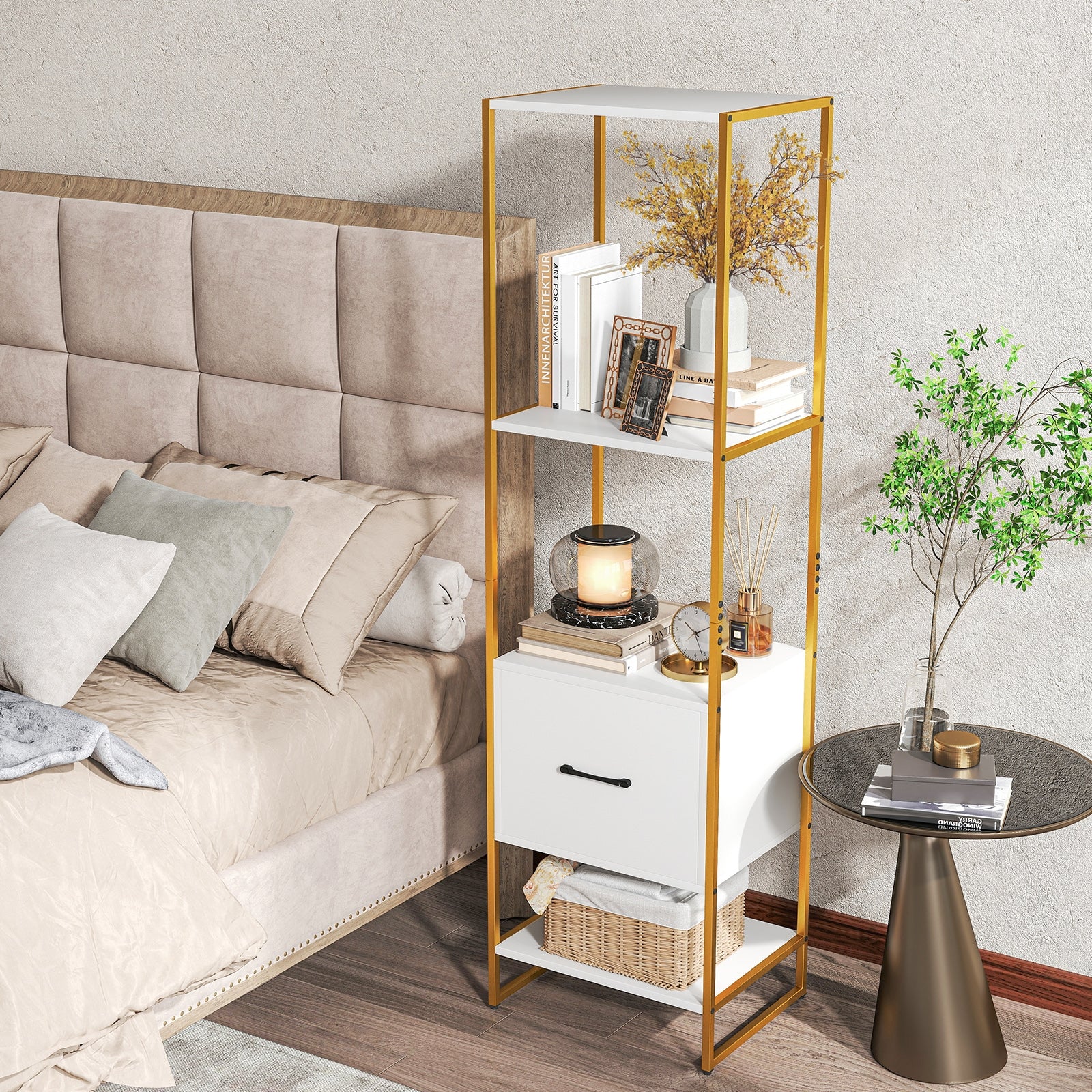 5-Tier Narrow Bookcase, 4 Open Shelves, Storage Drawer, White Bookcases at Gallery Canada