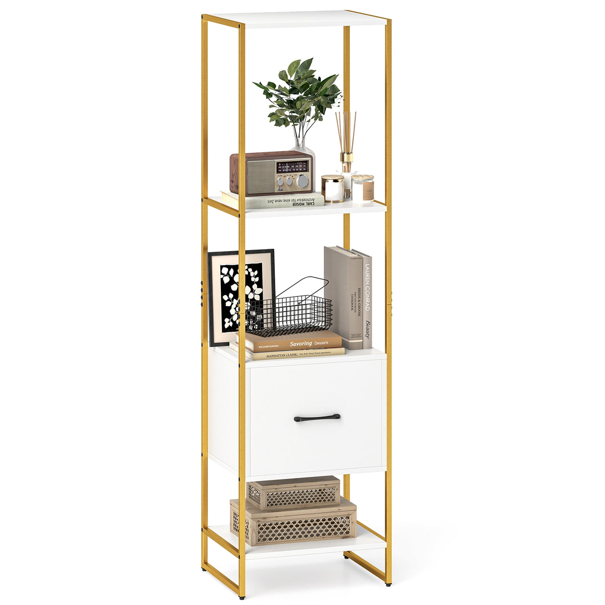 5-Tier Narrow Bookcase, 4 Open Shelves, Storage Drawer, White Bookcases at Gallery Canada