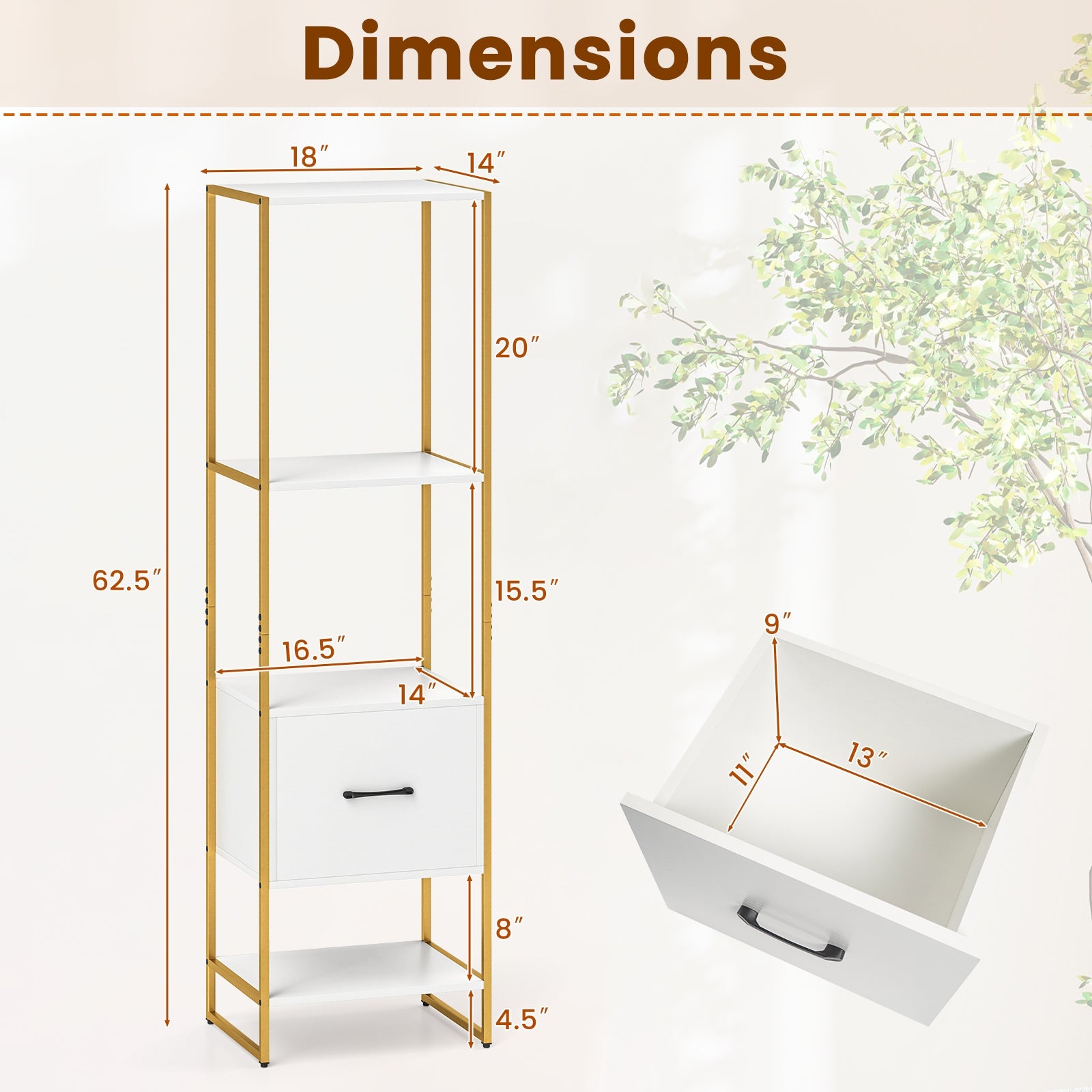 5-Tier Narrow Bookcase, 4 Open Shelves, Storage Drawer, White Bookcases at Gallery Canada