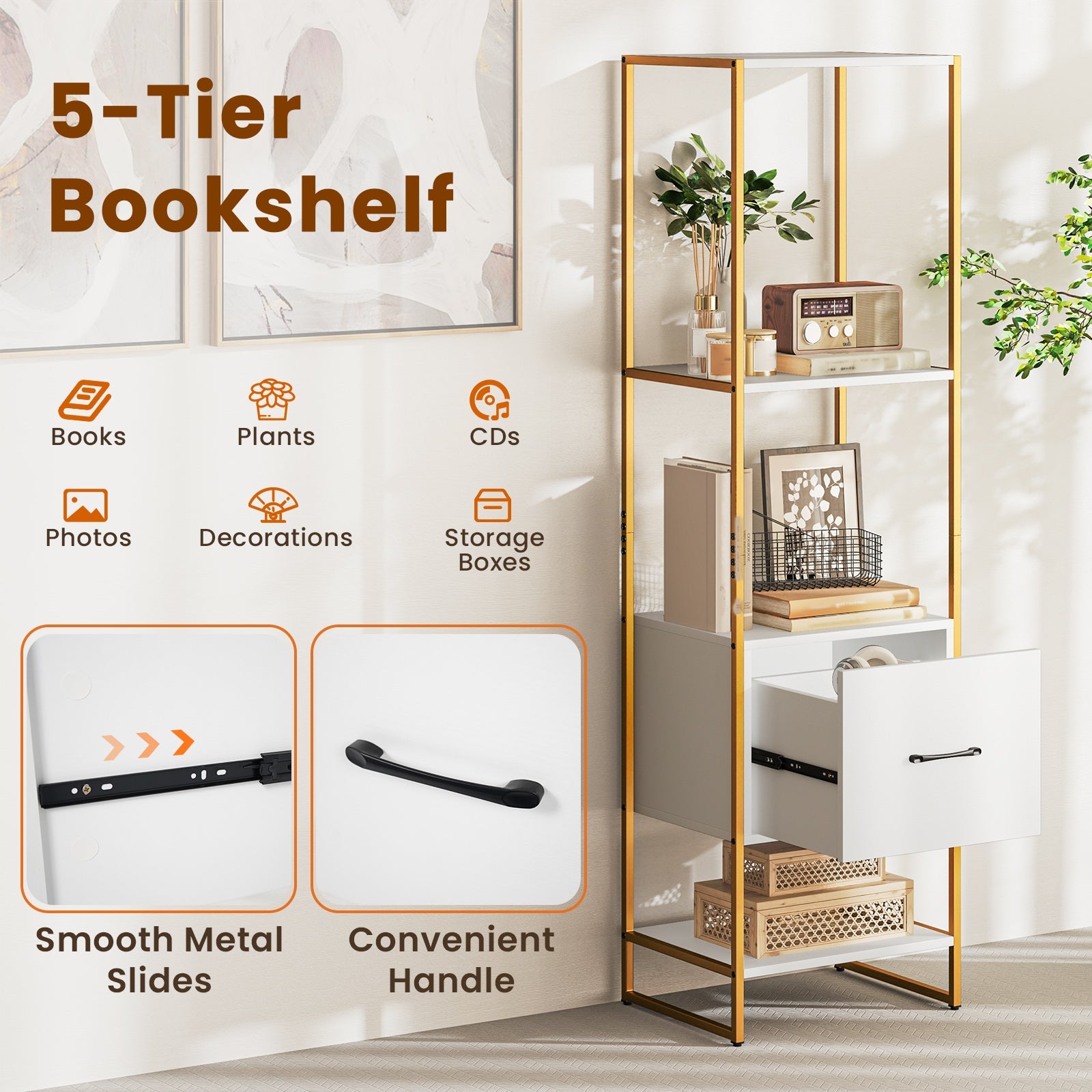 5-Tier Narrow Bookcase, 4 Open Shelves, Storage Drawer, White Bookcases at Gallery Canada