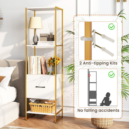 5-Tier Narrow Bookcase, 4 Open Shelves, Storage Drawer, White Bookcases at Gallery Canada