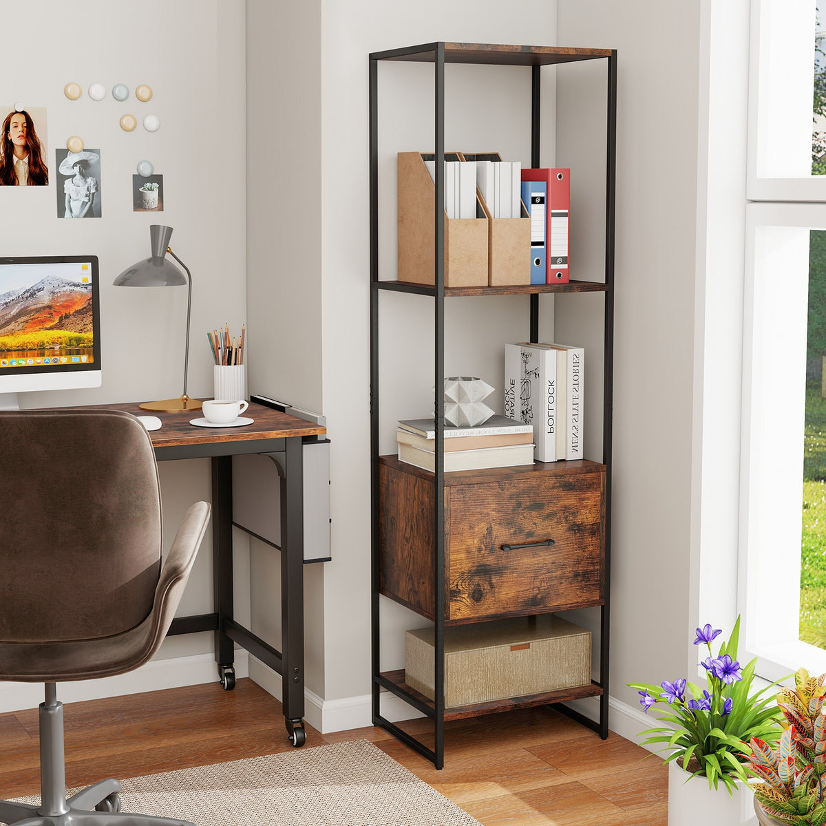 5-Tier Narrow Bookcase, 4 Open Shelves, Storage Drawer, Rustic Brown Bookcases at Gallery Canada
