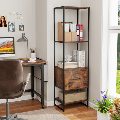 5-Tier Narrow Bookcase, 4 Open Shelves, Storage Drawer, Rustic Brown Bookcases at Gallery Canada