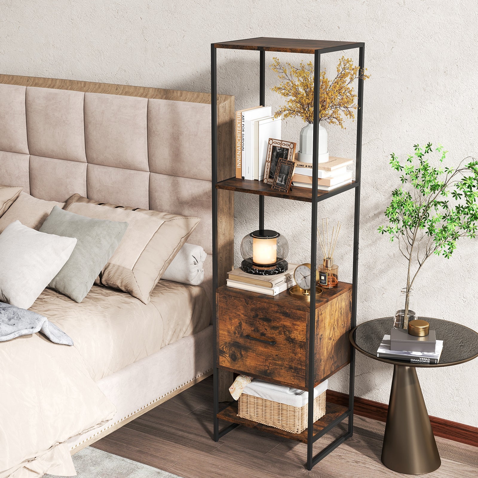 5-Tier Narrow Bookcase, 4 Open Shelves, Storage Drawer, Rustic Brown Bookcases at Gallery Canada