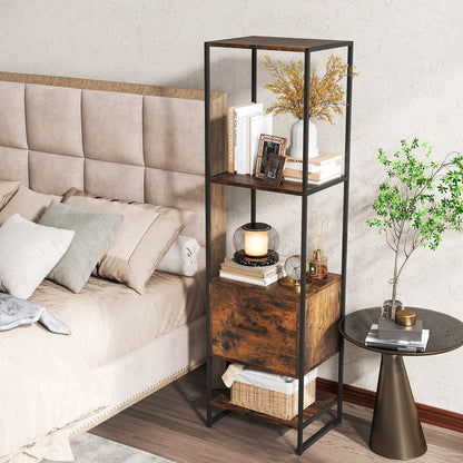 5-Tier Narrow Bookcase, 4 Open Shelves, Storage Drawer, Rustic Brown Bookcases at Gallery Canada