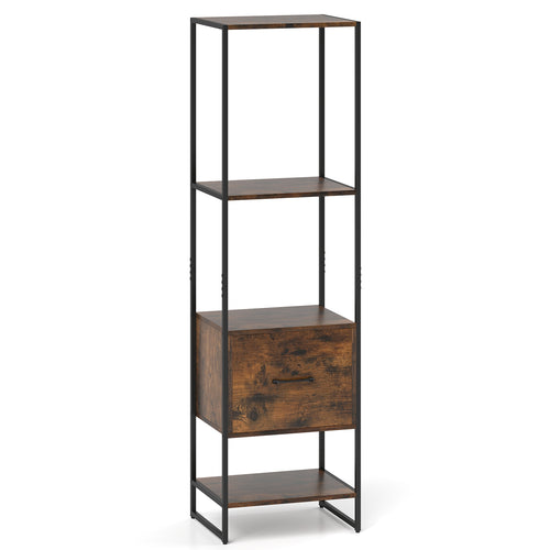 5-Tier Narrow Bookcase, 4 Open Shelves, Storage Drawer, Rustic Brown