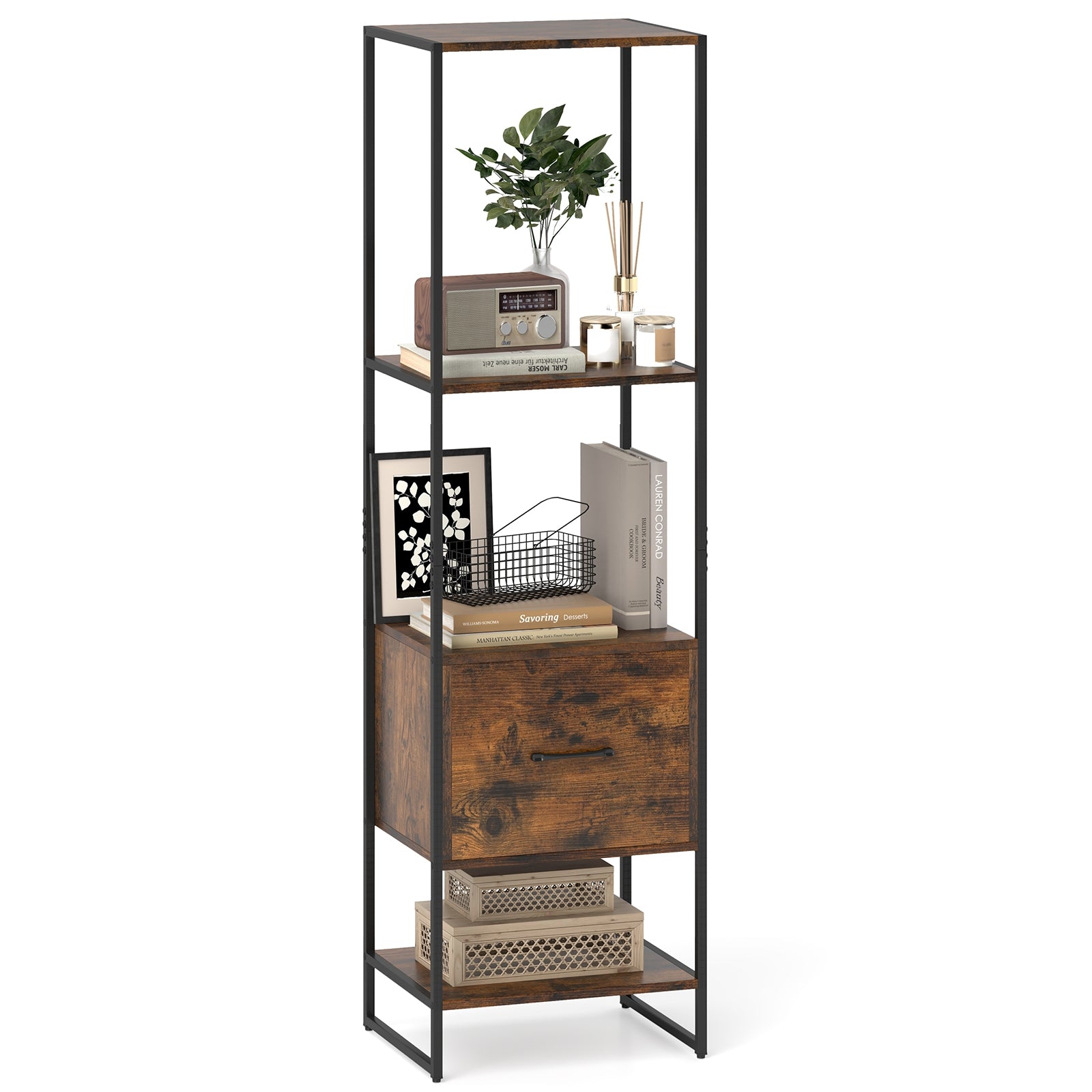 5-Tier Narrow Bookcase, 4 Open Shelves, Storage Drawer, Rustic Brown Bookcases at Gallery Canada
