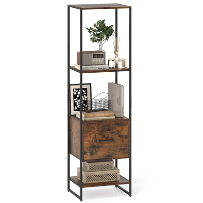5-Tier Narrow Bookcase, 4 Open Shelves, Storage Drawer, Rustic Brown Bookcases at Gallery Canada