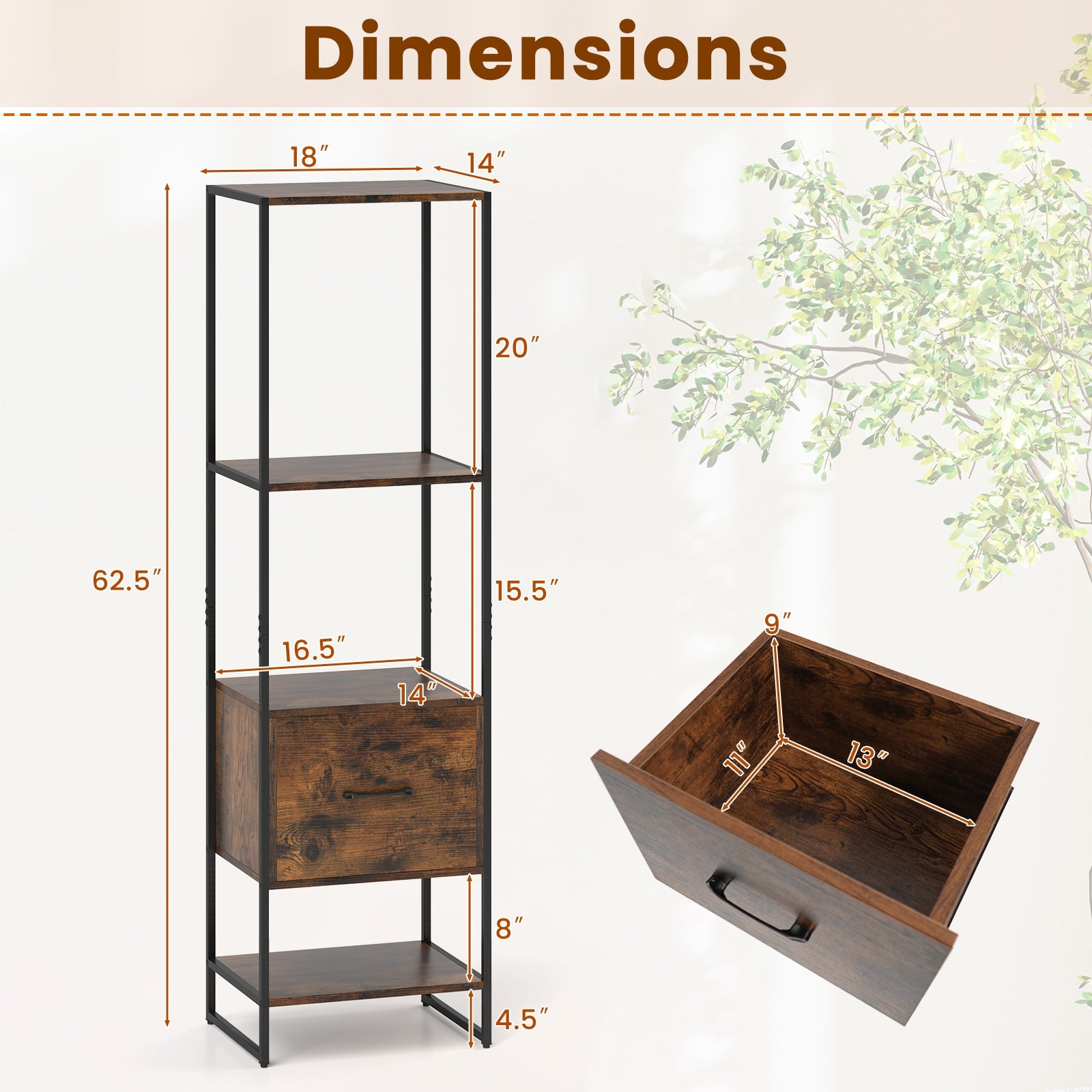 5-Tier Narrow Bookcase, 4 Open Shelves, Storage Drawer, Rustic Brown Bookcases at Gallery Canada