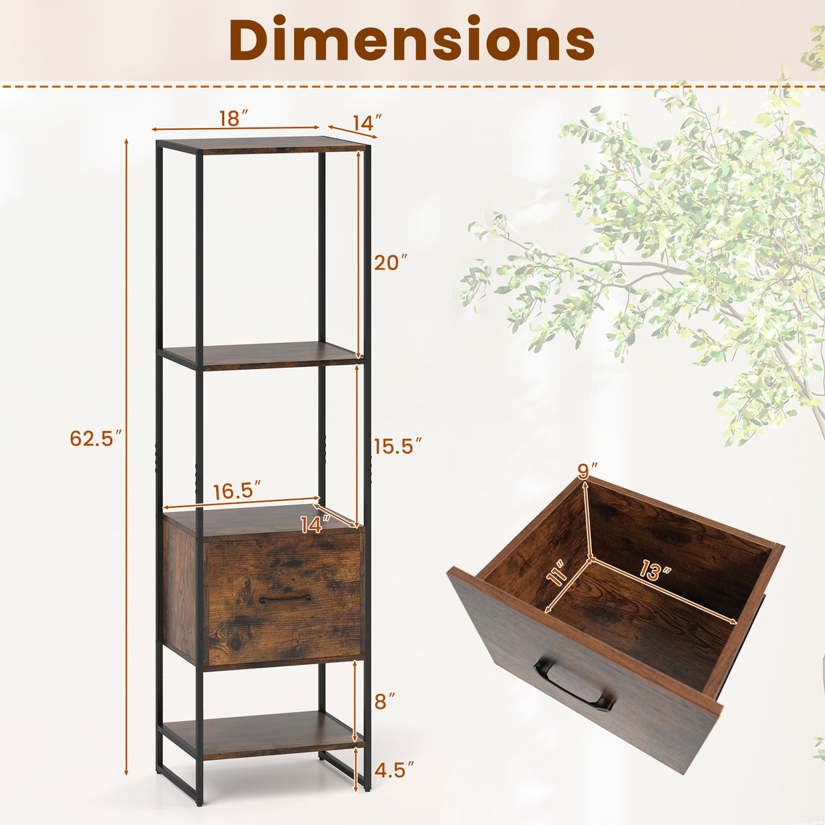 5-Tier Narrow Bookcase, 4 Open Shelves, Storage Drawer, Rustic Brown Bookcases at Gallery Canada