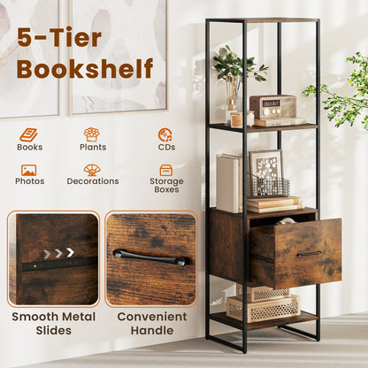 5-Tier Narrow Bookcase, 4 Open Shelves, Storage Drawer, Rustic Brown Bookcases at Gallery Canada