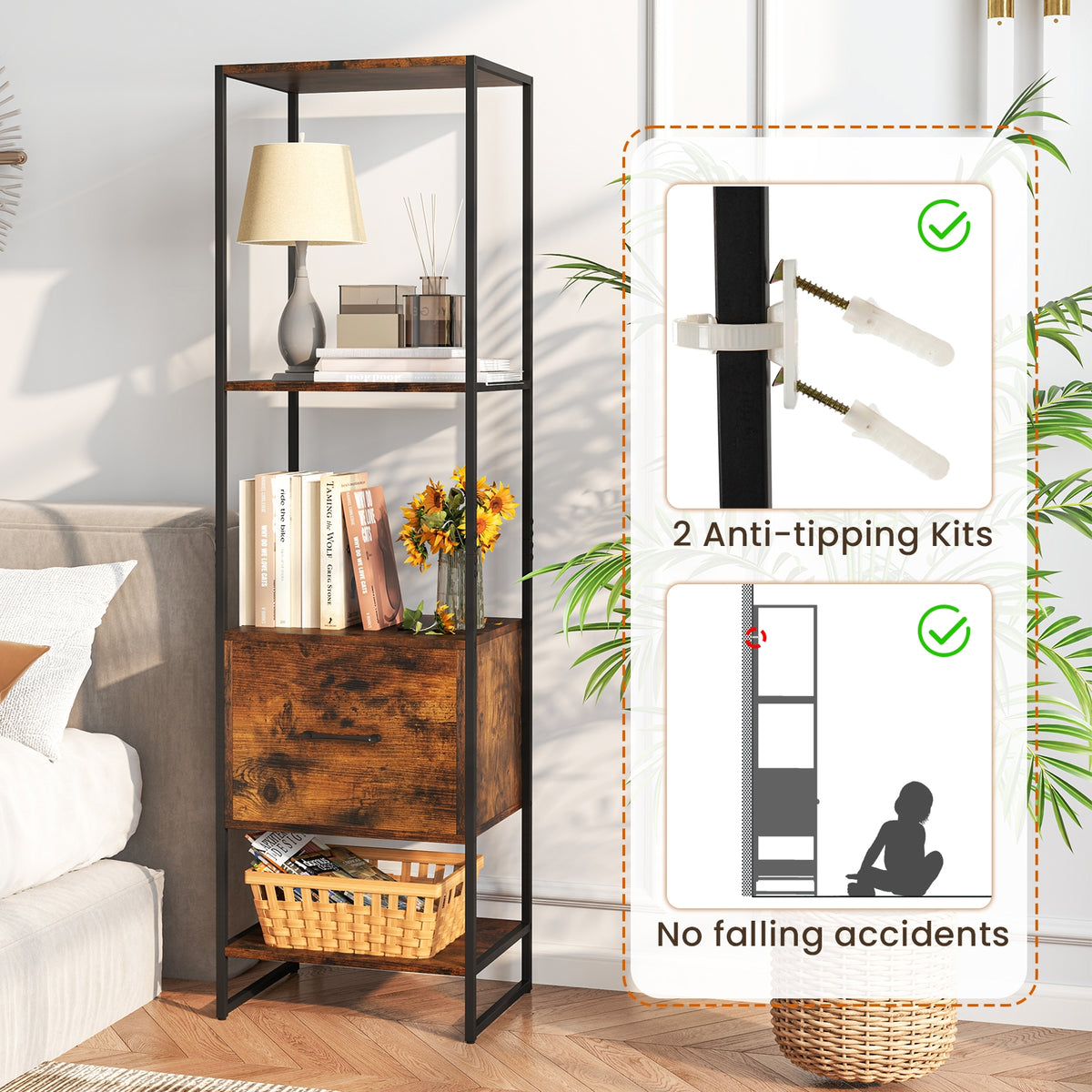 5-Tier Narrow Bookcase, 4 Open Shelves, Storage Drawer, Rustic Brown Bookcases at Gallery Canada