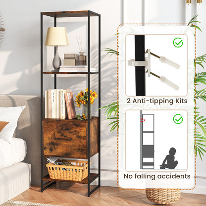 5-Tier Narrow Bookcase, 4 Open Shelves, Storage Drawer, Rustic Brown Bookcases at Gallery Canada