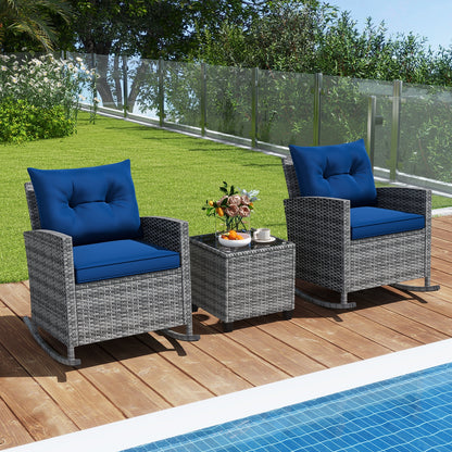 3-Piece Patio Rattan Rocker Chairs With Tempered Glass Table, Dark Blue Patio Conversation Sets at Gallery Canada