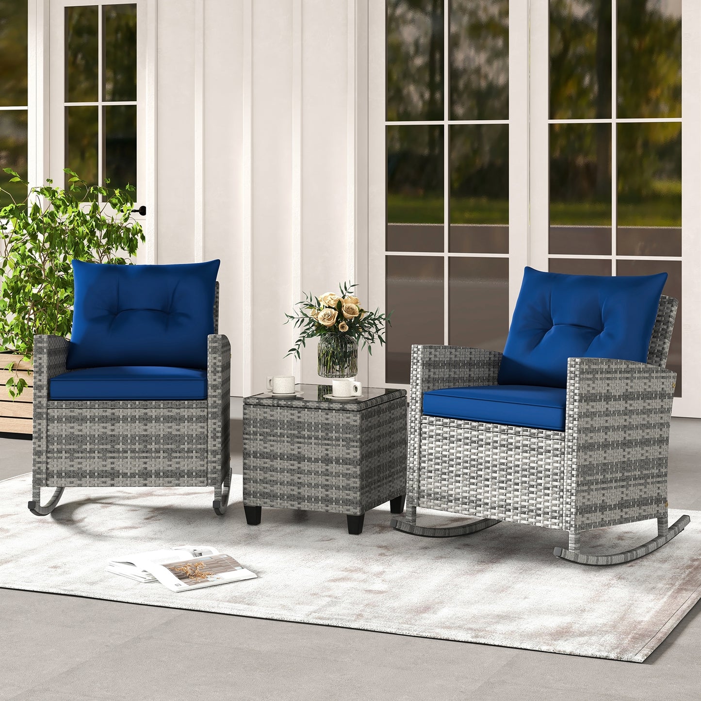3-Piece Patio Rattan Rocker Chairs With Tempered Glass Table, Dark Blue Patio Conversation Sets at Gallery Canada