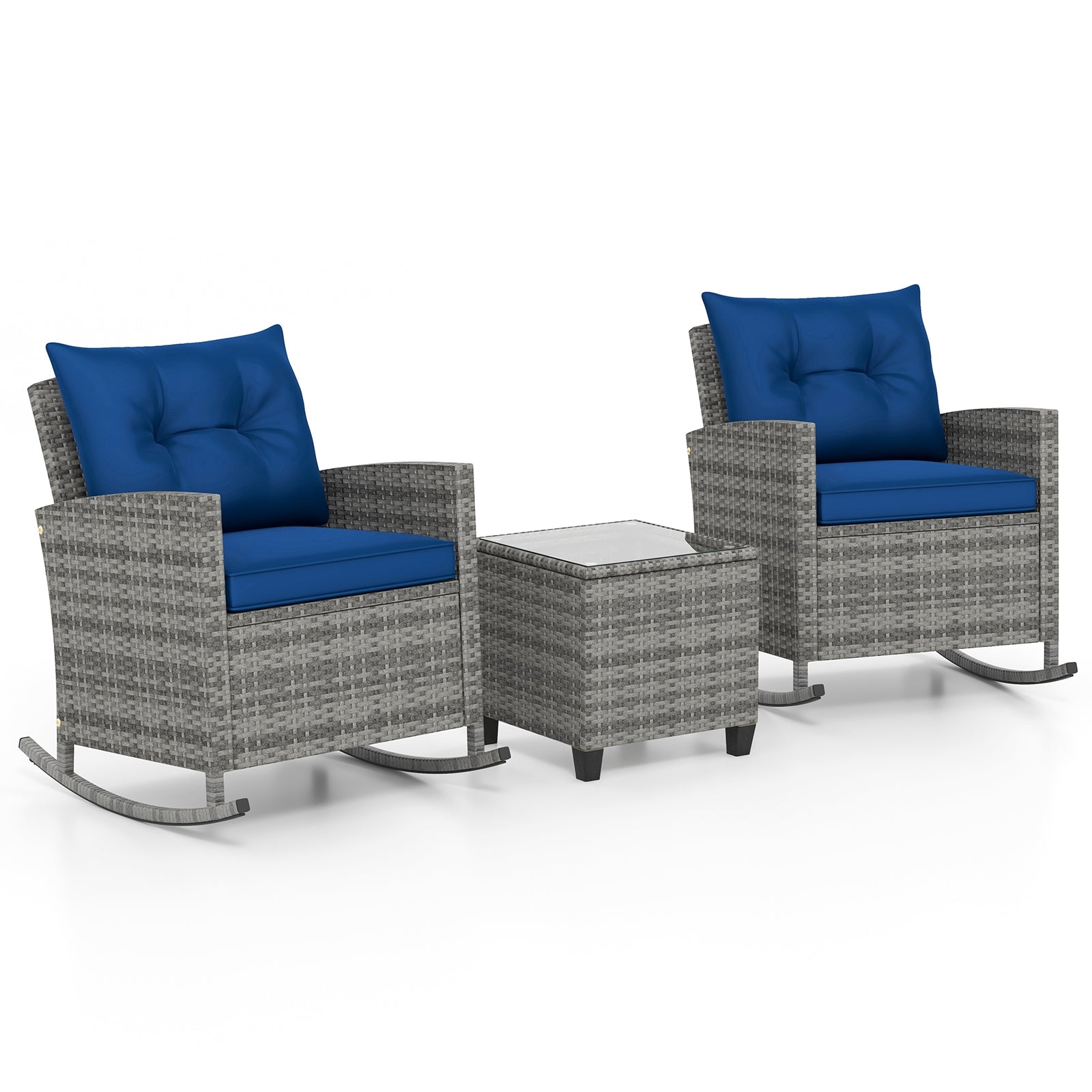 3-Piece Patio Rattan Rocker Chairs With Tempered Glass Table, Dark Blue Patio Conversation Sets Dark Blue at Gallery Canada