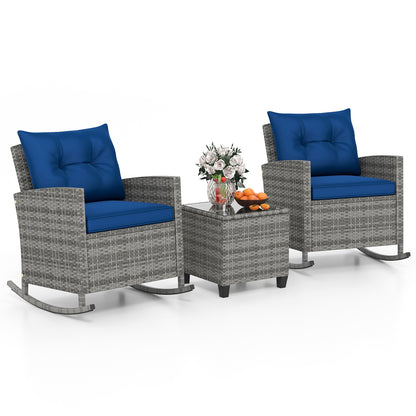 3-Piece Patio Rattan Rocker Chairs With Tempered Glass Table, Dark Blue Patio Conversation Sets at Gallery Canada
