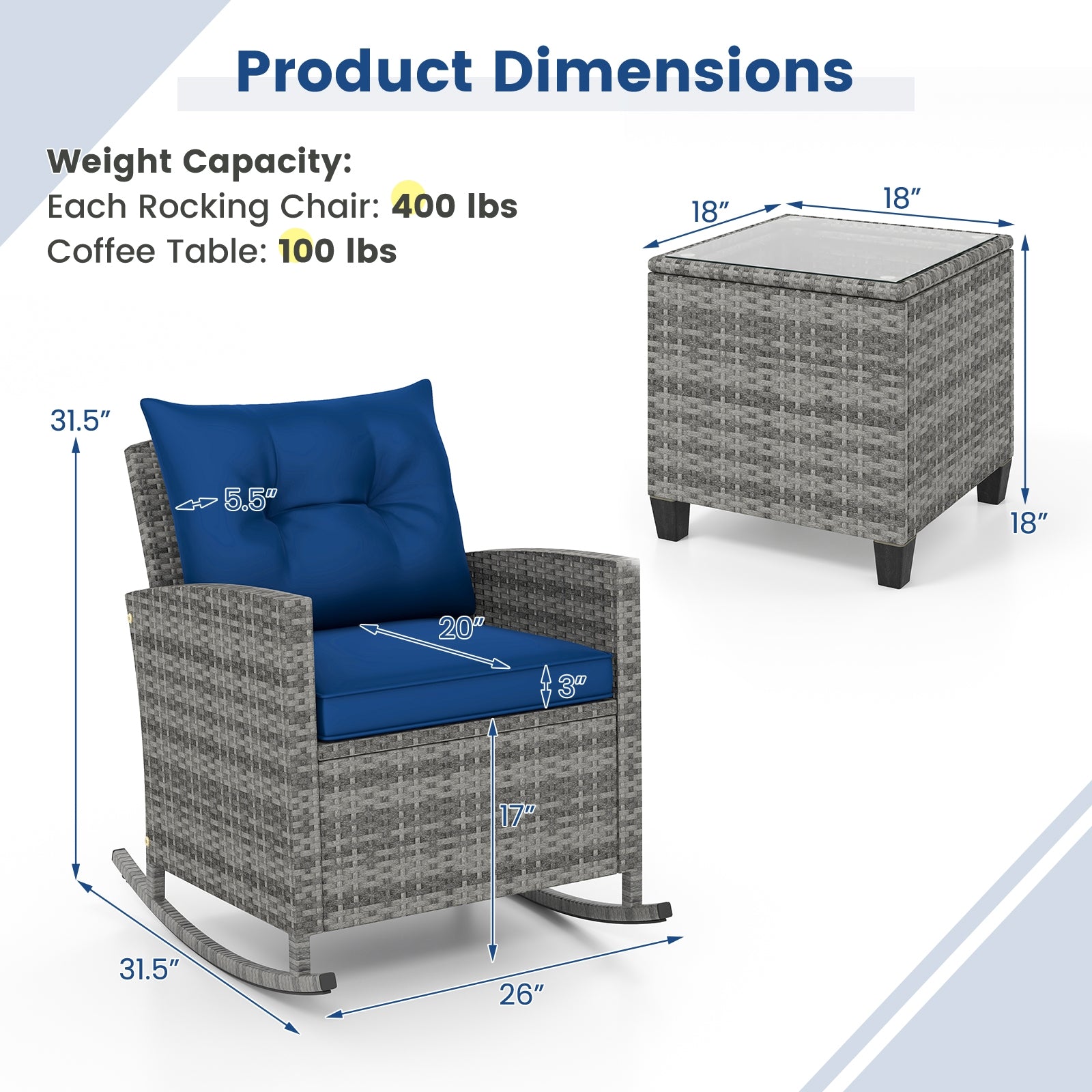 3-Piece Patio Rattan Rocker Chairs With Tempered Glass Table, Dark Blue Patio Conversation Sets at Gallery Canada