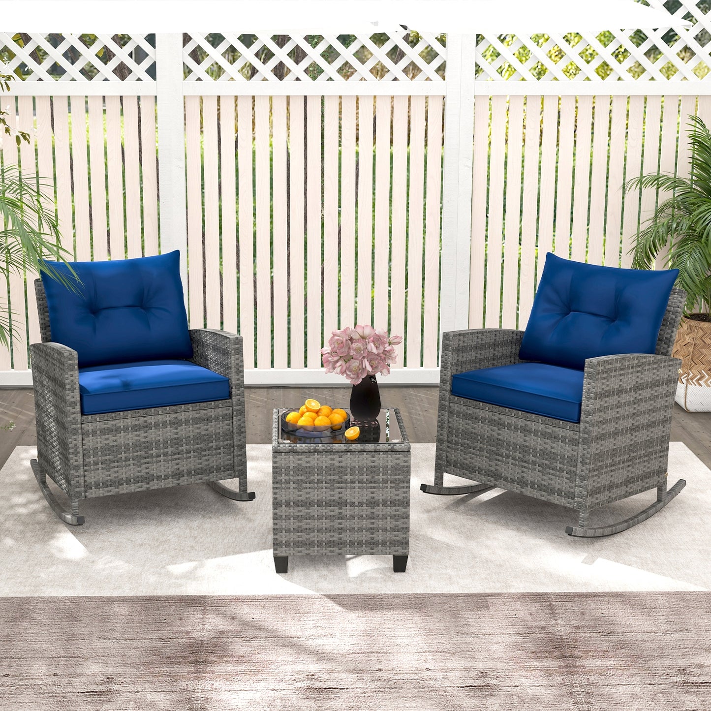 3-Piece Patio Rattan Rocker Chairs With Tempered Glass Table, Dark Blue Patio Conversation Sets at Gallery Canada