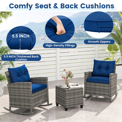 3-Piece Patio Rattan Rocker Chairs With Tempered Glass Table, Dark Blue Patio Conversation Sets at Gallery Canada