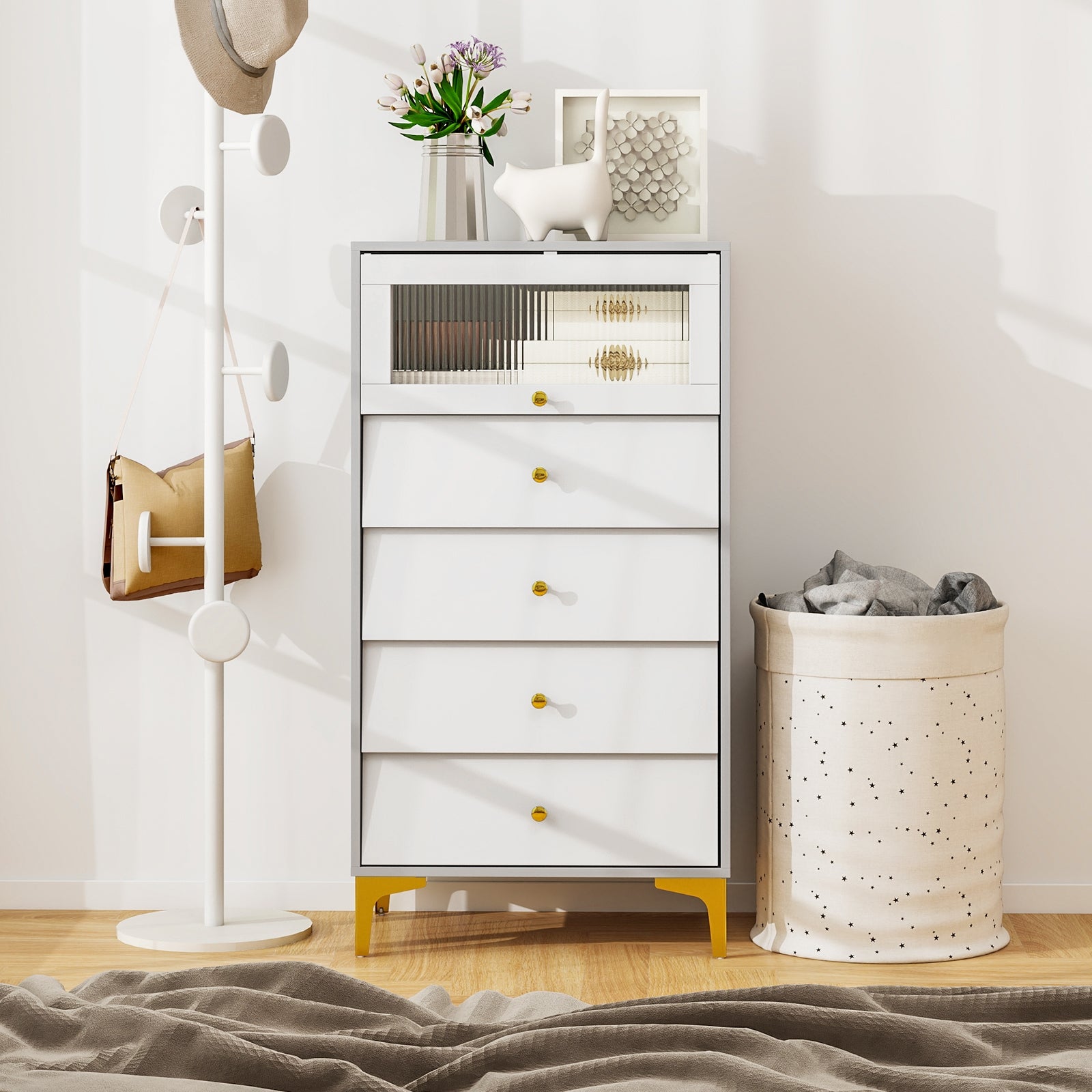 Modern Storage Cabinet, 4 Drawer, Flip Up Fluted Glass Door, Gray and White Cabinets & Chests at Gallery Canada