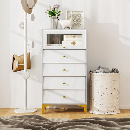 Modern Storage Cabinet, 4 Drawer, Flip Up Fluted Glass Door, Gray and White